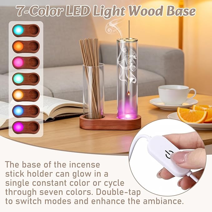 2 in 1 Glass Glowing Incense Holder for Sticks with Glass Ash Catcher, Upside Down Anti-Ash Incense Stick Burner, Modern Vertical Incense Holder for Yoga, Spa, Meditation and Home Decor