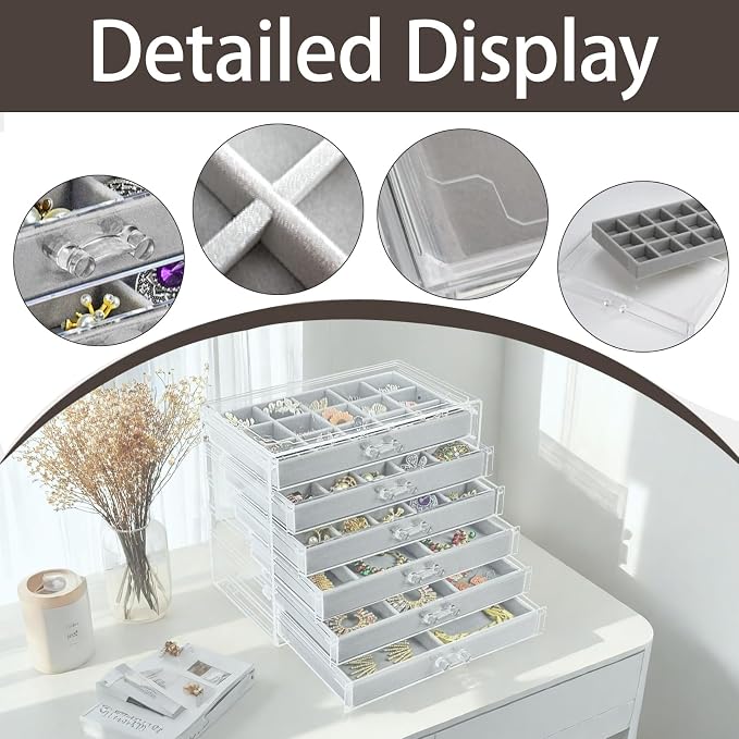 Watpot Acrylic Jewelry Box Organizer and Storage 6 Drawer for Earring Display Gray