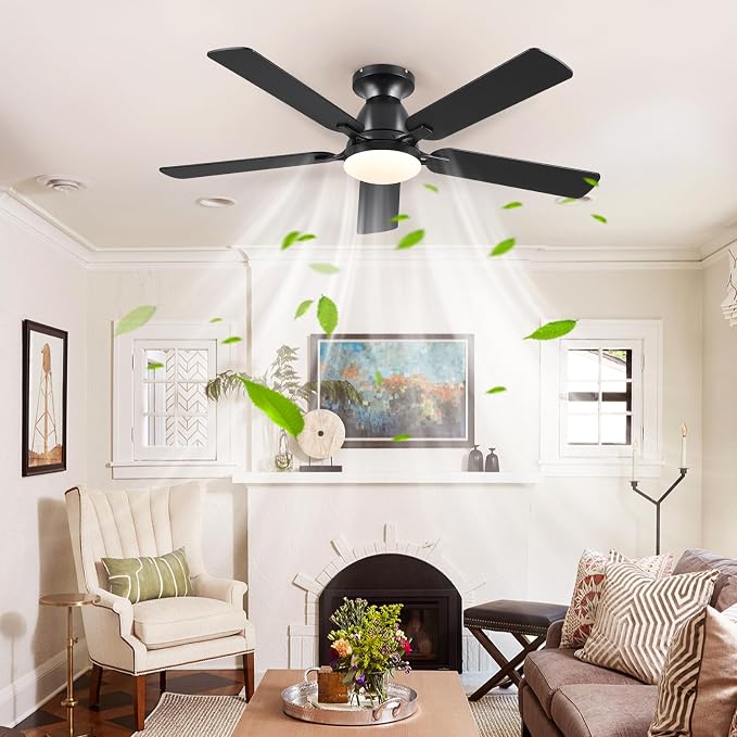 Mpayel 52 Inch Ceiling Fans with Lights and Remote, Black Ceiling Fan with Light Flush Mount, Low Noise, Reversible, Dimmable, Modern Low Profile Ceiling Fan with Light for Bedroom Indoor Outdoor
