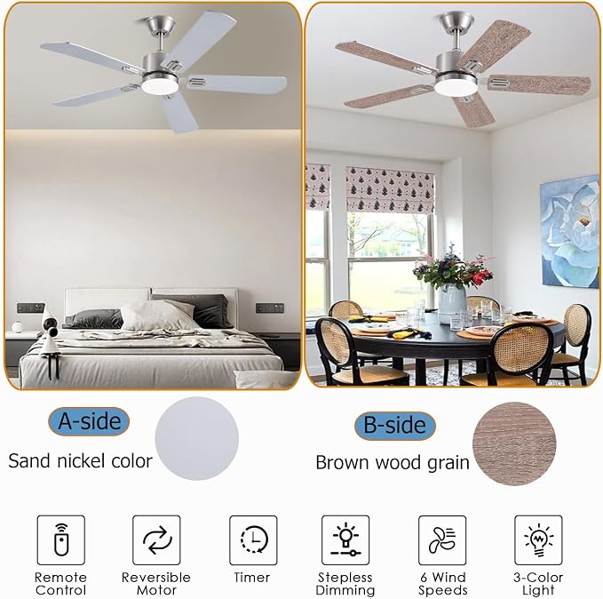 FUMLTP 52inch Ceiling Fans with Lights and Remote/App Control, Double-Side Blades, Dimmable LED, Reversible DC Motor, Noiseless, Modern Low Profile Ceiling Fan for Indoor/Outdoor Use (Nickel)