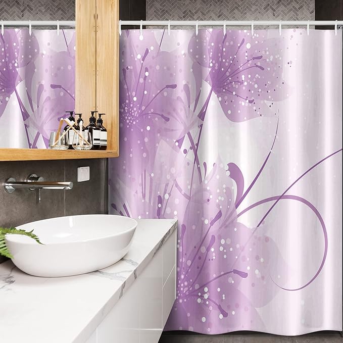 Ambesonne Modern Stall Shower Curtain, Abstract Art Style Illustration of Swirling Ornaments and Irregular Dots, Fabric Bathroom Decor Set with Hooks, 54" W x 78" L, Pale Purple and White