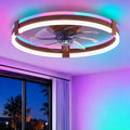 ZMISHIBO RGB Ceiling Fans with Lights and Remote, 20 inch Low Profile Ceiling Fan with Light, 3000K-6000K Dimmable & RGB, Modern Fandelier Flush Mount Ceiling Fan, Small LED Fan for Bedroom,Walnut