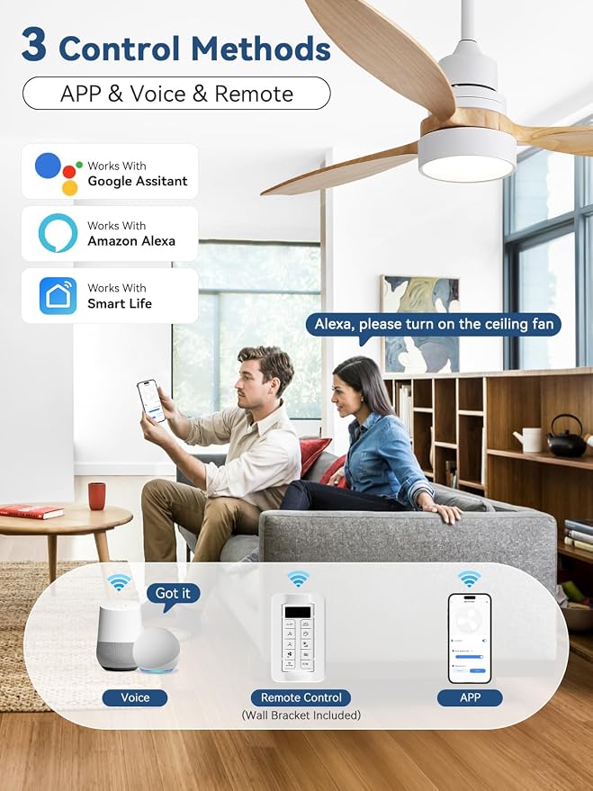 Sofucor 52 Inch Smart Ceiling Fans with Lights and Remote, 3 Blade Solid Wood Ceiling Fan Works with App/Alexa/Google, for Bedroom Living Room Patio Porch