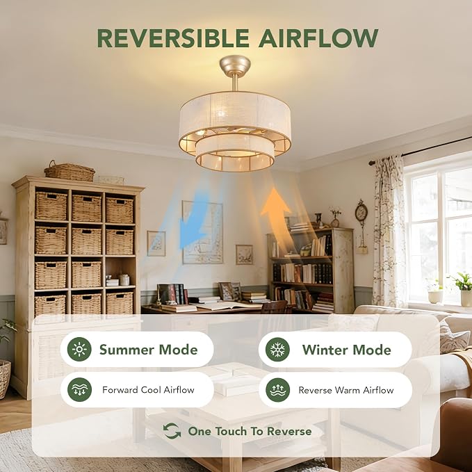 20" Boho Ceiling Fan Light and Remote, Fabric Chandelier Ceiling Fan Light, Caged Fandelier with Lights Flush Mount, 6 Wind Speeds Enclosed Ceiling Fan for Bedroom, Living Room, Dining Room