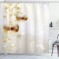 Ambesonne Christmas Shower Curtain, Xmas Balls with Swirled Ribbons and Stars on Modern Abstract Background, Cloth Fabric Bathroom Decor Set with Hooks, 69" W x 70" L, White Yellow