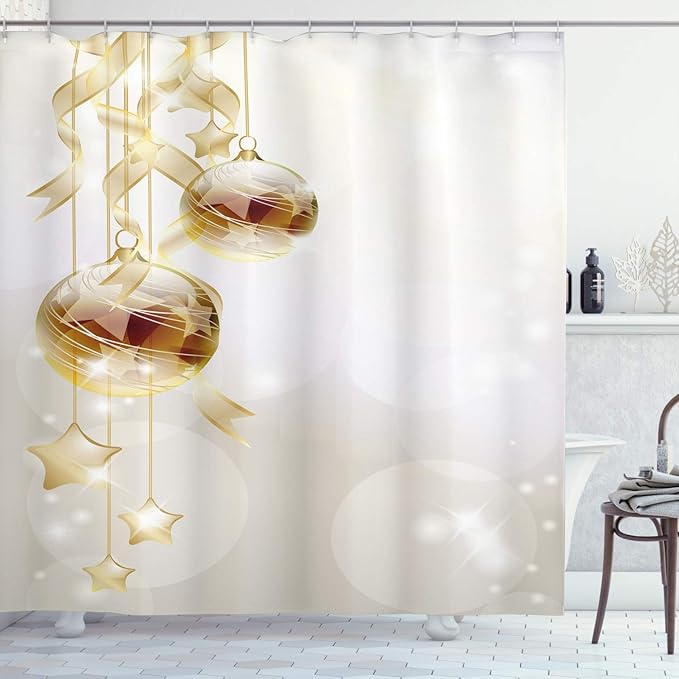 Ambesonne Christmas Shower Curtain, Xmas Balls with Swirled Ribbons and Stars on Modern Abstract Background, Cloth Fabric Bathroom Decor Set with Hooks, 69" W x 70" L, White Yellow