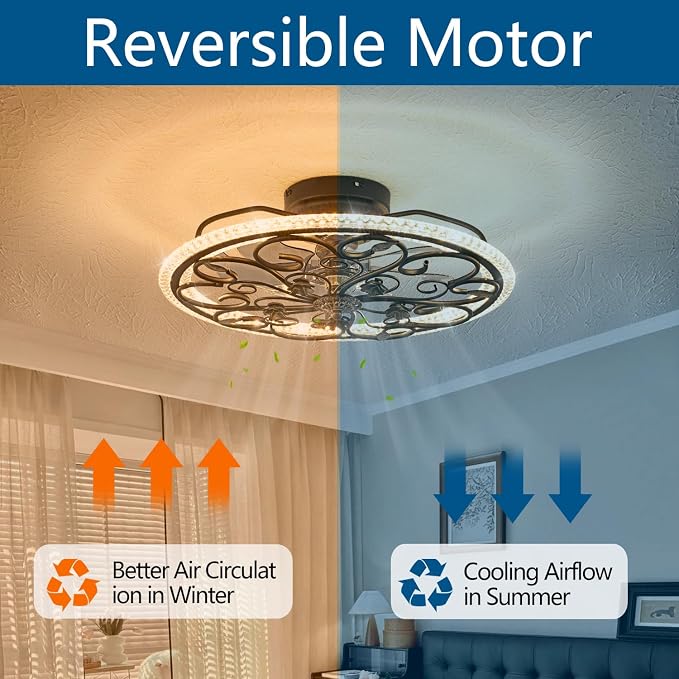 Dalouguan Black Flower Caged Ceiling Fan with Light, Rustic Industrial Ceiling Fan with Lights and Remote, LED Low Profile Ceiling Fan with Light for Bedroom Kitchen Living Room