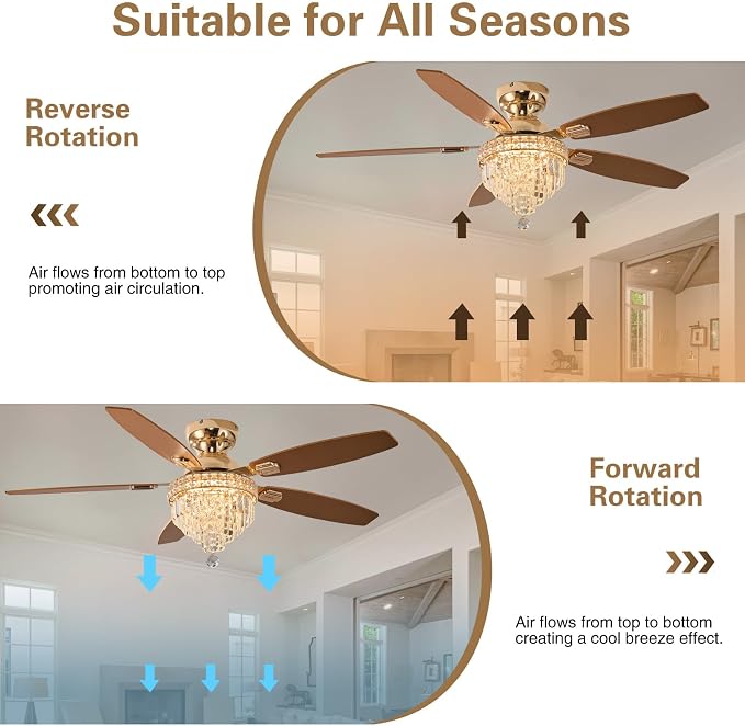 Crystal Ceiling Fan Fandelier with Lights-Ceiling Fans with Lights,54" Low Profile and Remote Control, Flush Mount, Reversible, Dimmable, Noiseless,Gold Ceiling Fan for Bedroom