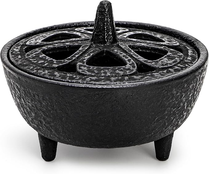 Elsjoy Cast Iron Incense Burner, Vintage Tripod Incense Holder with Lid and Handle, Mini Cauldron Incense Burner for Resins, Cones, Wax Melts
