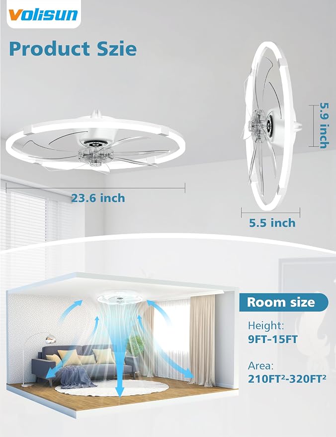 VOLISUN Low Profile Ceiling Fan with Lights and Remote, 23.6in Bladeless Ceiling Fans with Light Flush Mount, Dimmable Modern LED Fan Light, White Fandelier Ceiling Fans for Bedroom,Living Room
