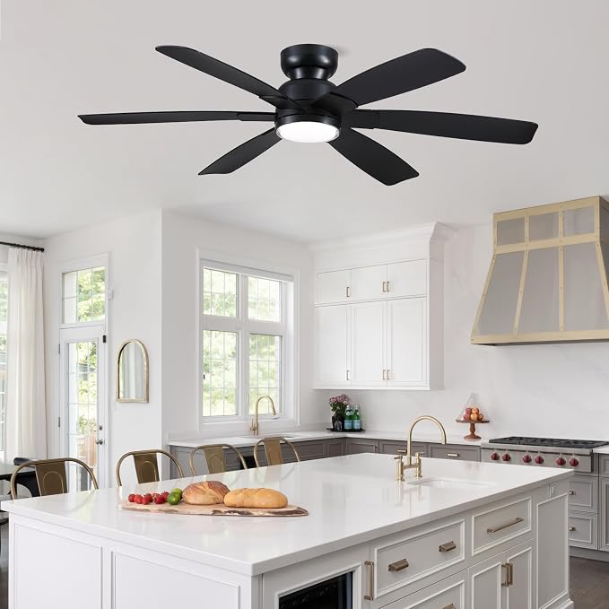 Kviflon 52 Inch Modern Ceiling Fans with Lights Remote Control, Low Profile Flush Mount Ceiling Fan, 6 Reversible Plastic Blades, 6 Speeds 3 CCT Dimmable LED Lights for Bedroom Living Room, Black