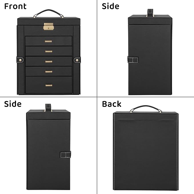 AKOZLIN Large 6-Tier Jewelry Box Lockable Leather Jewelry Storage Case with 5 Drawers for Women Girls Ring Necklace Earring Bracelet Holder Organizer with Mirror