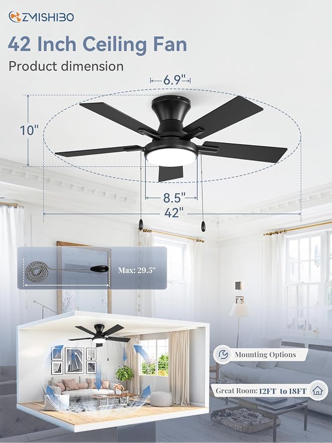 ZMISHIBO Ceiling Fans with Lights, Low Profile Ceiling Fan with Pull Chain and Remote Control, Flush Mount, Reversible, Dimmable, Noiseless, White Pull Cord Ceiling Fan for Bedroom(42inch Black)