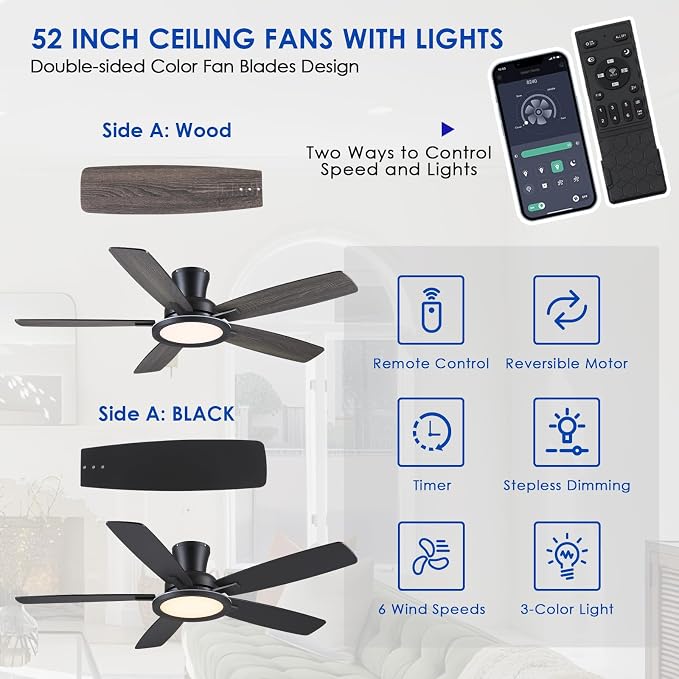 BYKISTOK 52" Flush Mount Ceiling Fan with Lights and Remote - Black Modern Ceiling Fan, Reversible and 5 Dual-Sided Blades, Low Profile Fan Light for Indoor Bedroom, Covered Patios