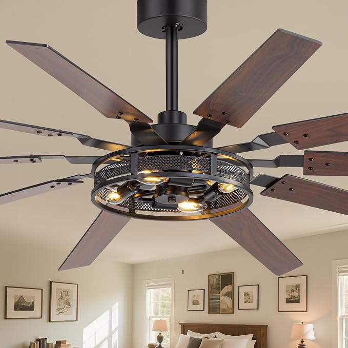 60 Inch Farmhouse Ceiling Fans with Rustic Lights, Caged Ceiling Fans with Remote, Industrial Ceiling Fan with Reversible DC Motor, Antique Downrod Mount Fan with Chandelier for Living Room Bedroom