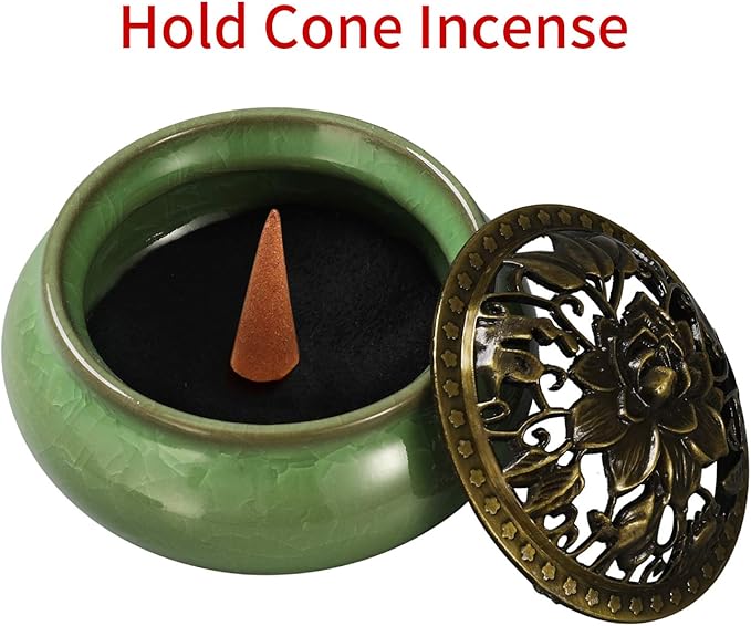 Miupoo Stick Incense Burner and Cone Incense Holder with Brass Incense Stick Holder Ceramic Ash Catcher (Light Green)