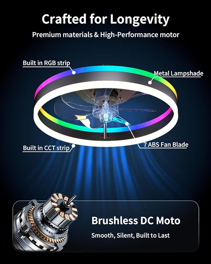 RGB Ceiling Fan with Lights, Low Profile Ceiling Fans with Lights and Remote, Flush Mount LED Fan Light, Modern Bladeless Fandelier for Bedroom Works with APP, 16IN Black