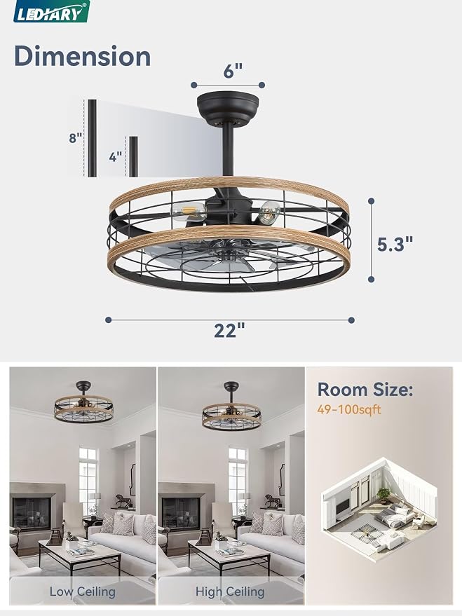 LEDIARY 22 inch Caged Ceiling Fan with Light, Fandelier Industrial Ceiling Fan with Remote, Farmhouse Fan Lights Ceiling Fixtures for Kitchen, Bedroom, Outdoor（6 Speed, Timing）-Brown