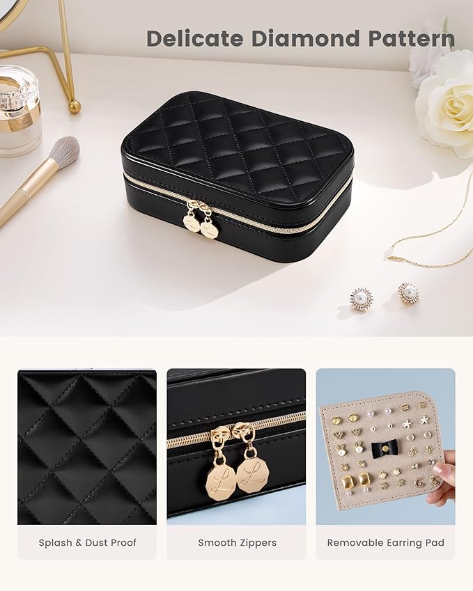 Lolalet Travel Jewelry Case for Women Girls, PU Leather Jewelry Organizer with Clear Storage Bag Small Portable Jewelry Box for Necklace Bracelet Earring Ring Birthday Bridesmaid Gifts -Medium/Black