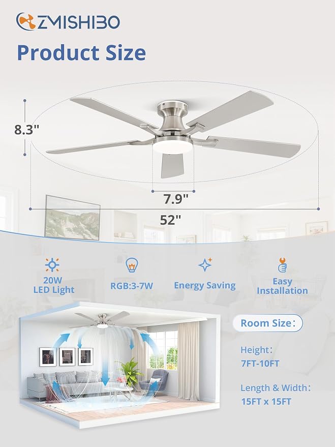 ZMISHIBO 52 Inch Ceiling Fan with RGB Lights, Low Profile Flush Mount with Alexa/App/Remote, Dimmable 20W LED Light, Nickel Modern for Living Room, Bedroom, Game Room