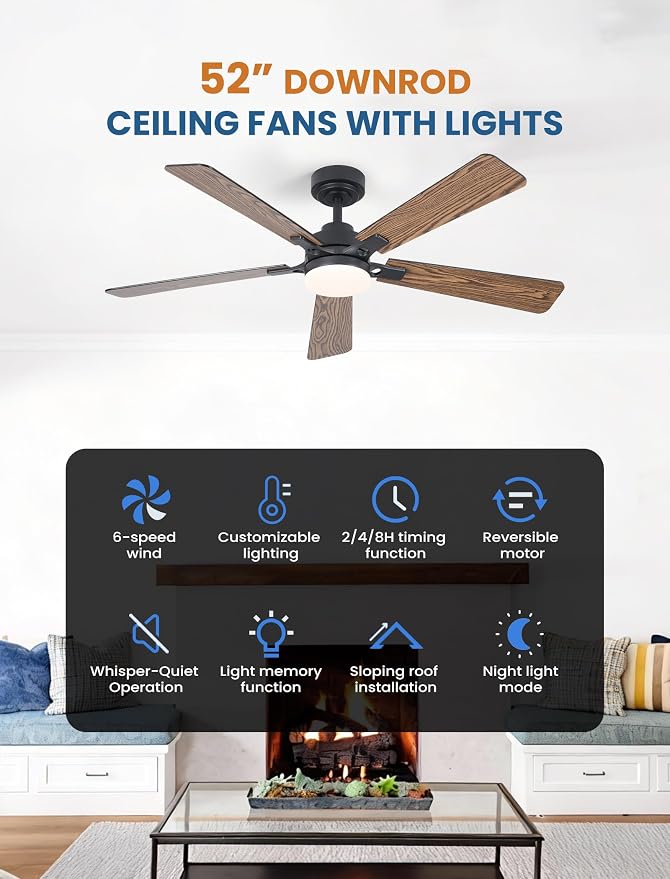 52 Inch Ceiling Fan with Lights and Remote, Downrod Mount, Sloped Ceiling Compatible up to 15°, Quiet Reversible DC Motor, 3CCT Dimmable LED, Black Ceiling Fan for Bedroom Living Room