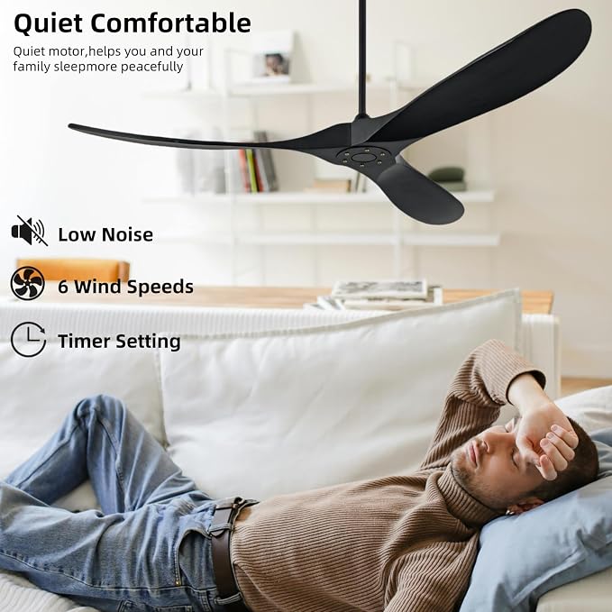 72 Inch Outdoor Ceiling Fan Without Light with Remote Control, Large Ceiling Fan Without Light, 3 Solid Wood Leaf Ceiling Fans, Suitable for Terrace, Living Room, Farmhouse(Black, 72 inch)