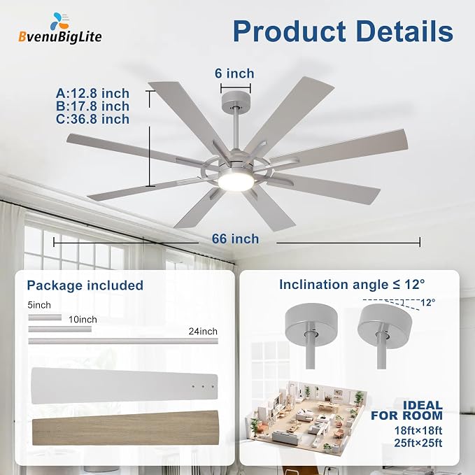 Large Ceiling Fans with Lights: Modern 66 Inch 8 Blade Outdoor Ceiling Fan with Remote APP Control - Dimmable Big Fan light Indoor Reversible 6 Speed Quiet DC Motor