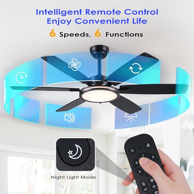 Hounber 52 Inch Ceiling Fans with Lights and Remote, Black Ceiling Fan with 6 Blades Dual Finish, 3CCT, Dimmable, Quiet DC Reversible Motor, Ceiling Fan Modern for Bedroom, Patio, Living Room