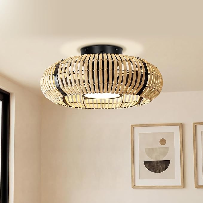 ocioc 20" Fandelier Ceiling Fans with Lights and Remote,Caged Ceiling Fan with Light,Flush Mount,Low Profile,Bladeless,Quiet Reversible DC Motor,Boho Rattan Ceiling Fan for Bedroom