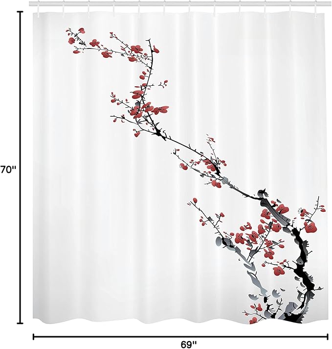 Ambesonne Watercolor Flower Shower Curtain, Sakura Tree Cherry Branches in Classic Style Artwork, Cloth Fabric Bathroom Decor Set with Hooks, 69" W x 70" L, Coral Black
