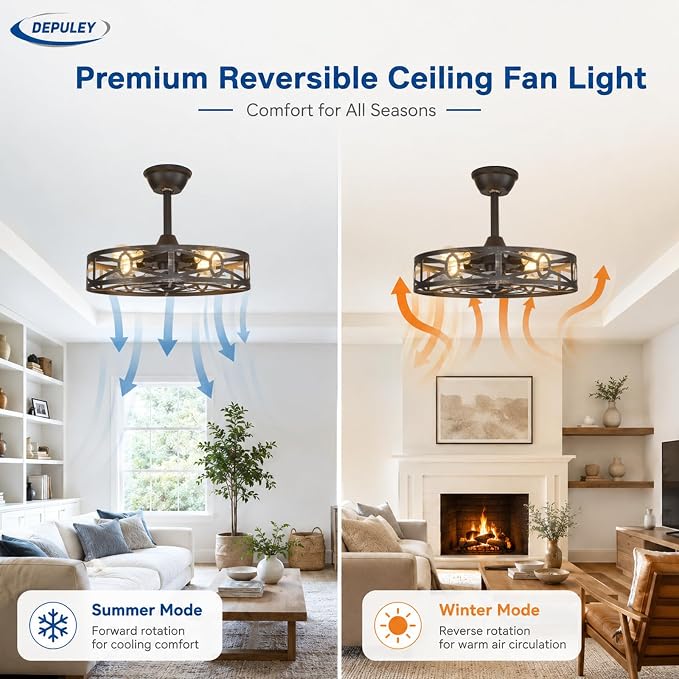 Depuley Caged Ceiling Fans with Light: 20-Inch Bronze Metal Enclosed Farmhouse Fandelier for Kitchen Bedroom - Industrial Semi Flush Mount Ceiling Fan with Remote 6 Speeds Reversible Motor Timer