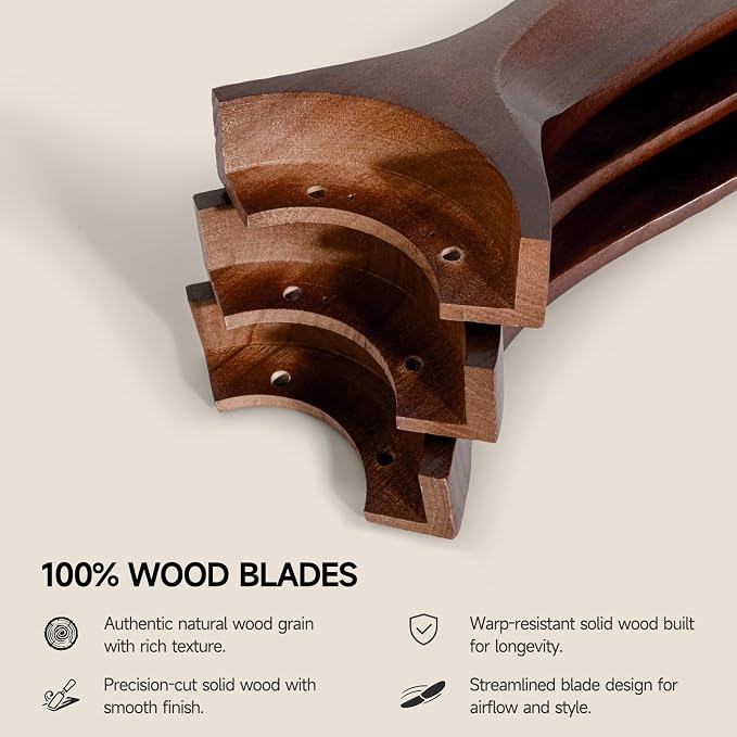 Skylike 52" Wood Ceiling Fan with Lights, Flush Mount Low Profile Ceiling Fan with Remote Control, Dimmable LED, Quiet Ceiling Fan Indoor/Outdoor for Living Room Bedroom Patio-Dark Walnut Finish