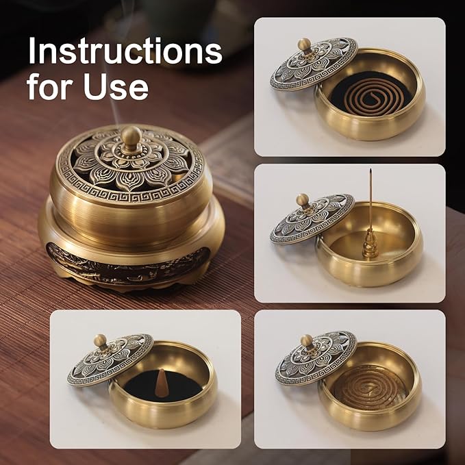 Brass Incense Burner Bowl, Vintage Incense Tray, Lotus Incense Holder for Cone, Coil and Stick Incense, Zen Meditation Yoga Spa, Healing Relaxing Oriental Censer Gift Set for Home Indoor Decor