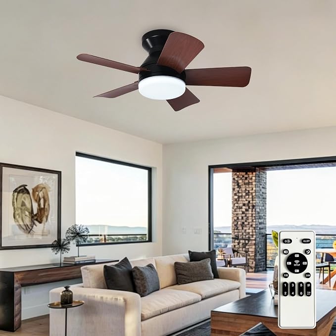 Ceiling fans with lights and Remote: 25 Inch Ceiling Fan with Light Low Profile - Flush Mount Ceiling Fan 5 Blades Reversible 3CCT Dimmable Noiseless for Bedroom (Black& Walnut)