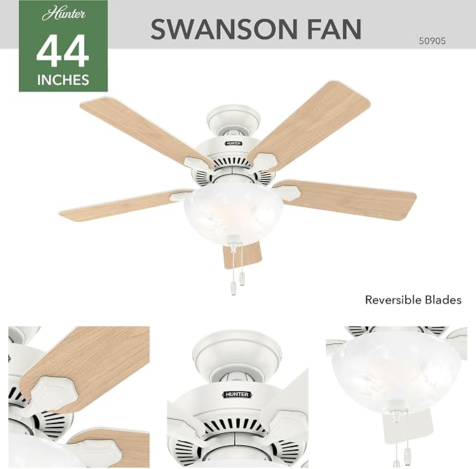 Hunter Swanson, Indoor, Ceiling Fan, with LED Light, 44 inch, Fresh White | Standard Mount, Pull Chain, 5 Blades, For Bedroom, Living Room, Kitchen, 50905