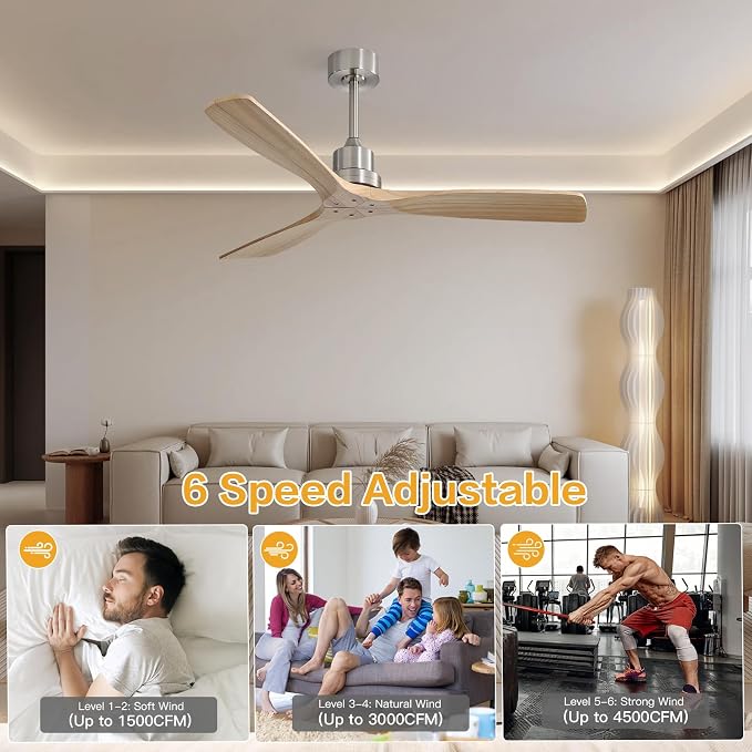 Sofucor Smart Ceiling Fan no Lights, 52" Low Profile Wood Ceiling Fans with Remote, Compatible with Alexa/Google/App, for Bedroom Living Room Patio Outdoor