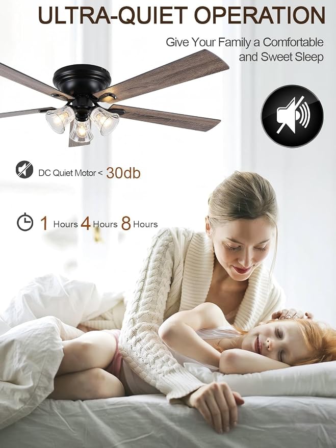 52" Flush Mount Crystal Ceiling Fan with Lights and Remote | Rustic Chandelier Ceiling Fan, Low Profile Farmhouse Fandelier for Bedroom Living Room Kitchen, 3 E12 Bulbs (Not Included)