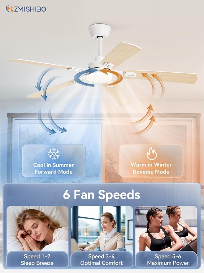 ZMISHIBO 52" Ceiling Fans with Lights, White Modern Ceiling Fan with Remote & App Control, bedroom Indoor Ceiling Fan with Dual Finish Blades, Quiet & Strong Motor, 24W Dimmable Bright LED Light.