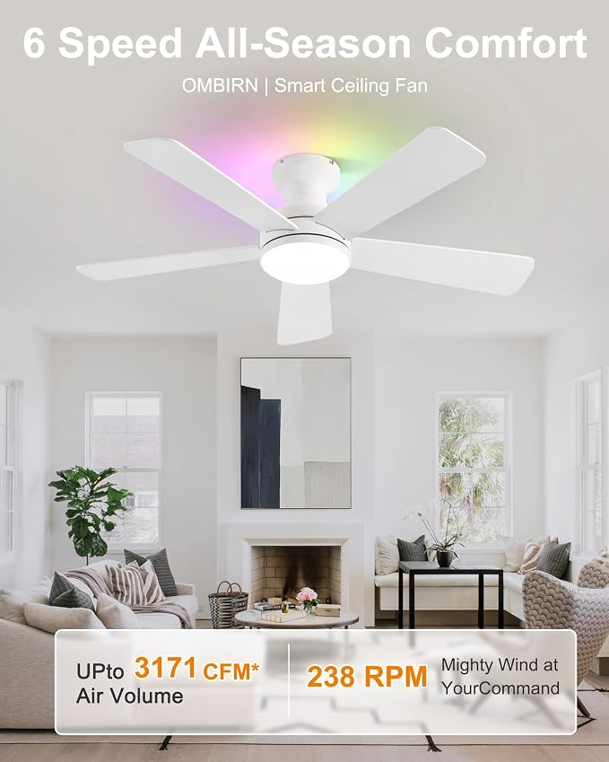 42 Inch Ceiling Fans with Lights, RGB Ceiling Fan with Light, App&Remote Control, Flush Mount Low Profile, Reversible, 3CCT, Dimmable LED, Noiseless, White Ceiling Fan for Bedroom