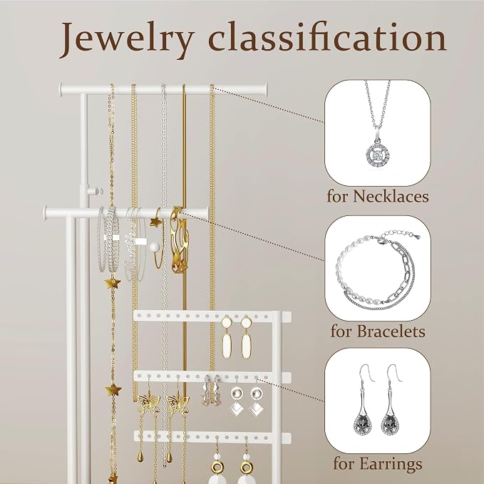 susswiff Jewelry Holder Organizer Stand - Adjustable Tall 17.5" (Max), Sturdy Jewelry Hanger for Necklaces, Earrings, Bracelets, Rings, Jewlery Display and Storage, White, Metal