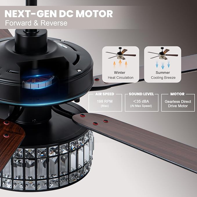 Dawn Whisper 60 Inch Crystal Chandelier Ceiling Fans with Lights Black Large Modern Ceiling Fans for Living Room Bedroom Quiet and Reversible DC Motor 6 Speeds Enegery Efficient