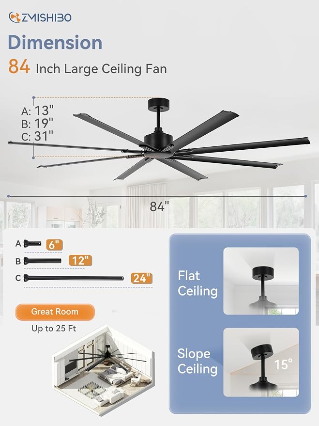 ZMISHIBO 84 Inch Ceiling Fans No Light, Large Industrial Ceiling Fan with 8 Aluminium Blades, Quiet DC Motor, 6 Speeds, Modern Ceiling Fan without Light for Garage/shop/living room,Black