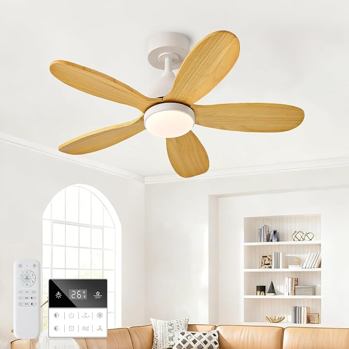36 Inch Solid Wood Ceiling Fans With Lights, Remote Control, Dimmable, Reversible, Wood Blades, Power-Off Memory, Quiet DC Motor, Indoor/Oudoor Ceiling Fan with Light for Patio