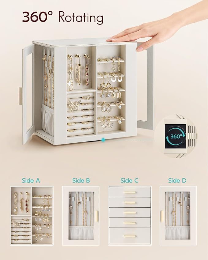 VLANDO 360ｰ Rotating Jewelry Box with 5 Drawers, Large Jewelry Storage with 2 Glass Window, PU Leather Jewelry Organizer for Bracelets, Necklaces, Earrings, Rings - Cloud White