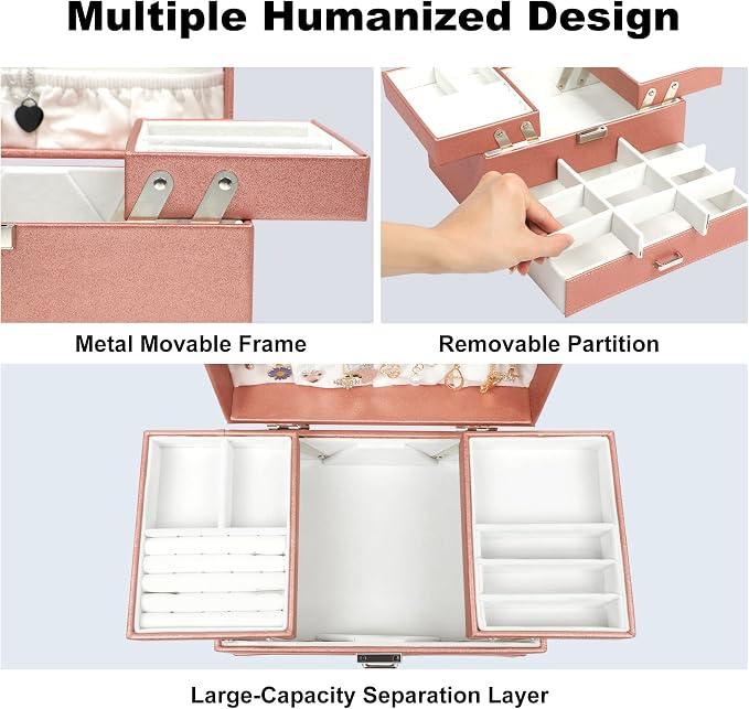 Dajasan Jewelry Organizer Box, Large Jewelry Boxes for Women Girls, Space-Saving 3 Layers Jewelry Storage Case with Drawer, Movable Metal Stand, Modern, Gift Idea (Champagne)