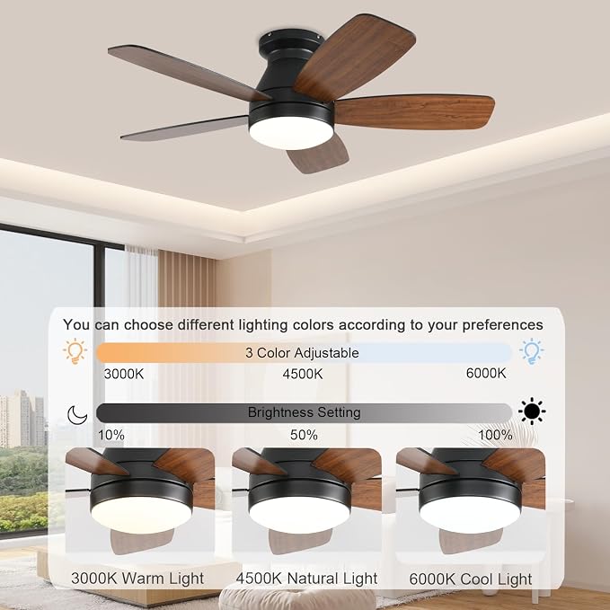 FUMLTP 42inch Ceiling Fans with Lights, Low Profile Ceiling Fan with Light and Remote Control, Flush Mount, Reversible DC Motor, Dimmable, Noiseless,Brown Small Ceiling Fan for Bedroom Indoor/Outdoor