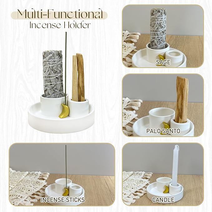 4 in 1 Incense Burner Holder, Palo Santo Holder, Sage Holder for Burning, Ceramic Incense Sticks Holder for Meditation Yoga Room Home Decor (White)