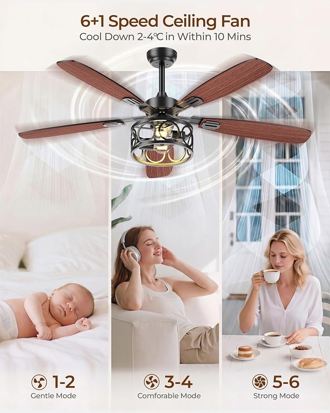 Ceiling Fans with Lights and Remote, 52'' Vintage Caged Ceiling Fan with Light, 5 Blades, 6+1 Speed, Flush Mount Ceiling Fan Whisper-quiet for Farmhouse, Living Room, Kitchen and Porch (52 Inch)