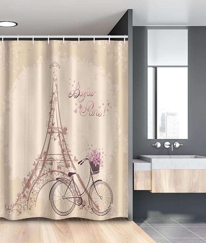 Ambesonne Paris Stall Shower Curtain, Bonjour France Eiffel Tower and Vintage Bicycle Flowers Retro Soft Color Print, Fabric Bathroom Decor Set with Hooks, 54" W x 78" L, Cream Pink