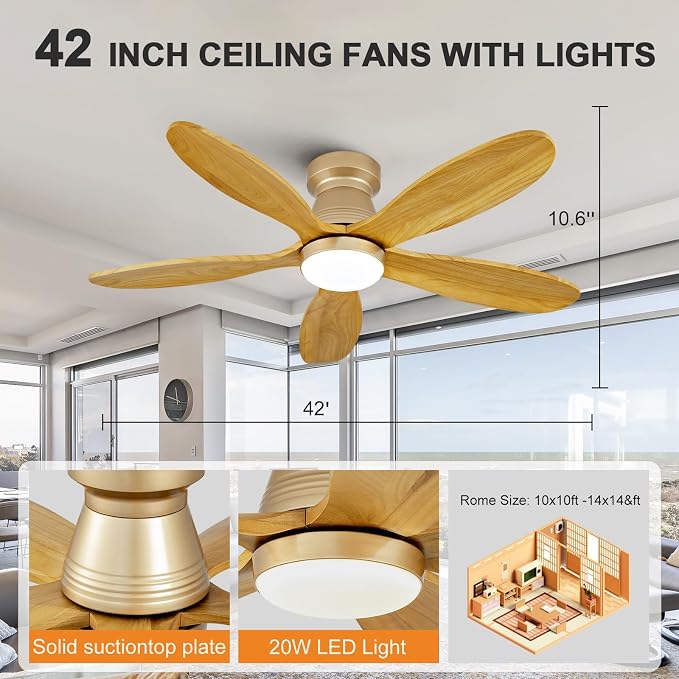 42 Inch Flush Mount Ceiling Fans with Lights and Remote, Dimmable, Wall Switch, 5 Blades Wood Ceiling Fan with Light, Low Profile Outdoor Indoor Modern Ceiling Fan for Bedroom Patio